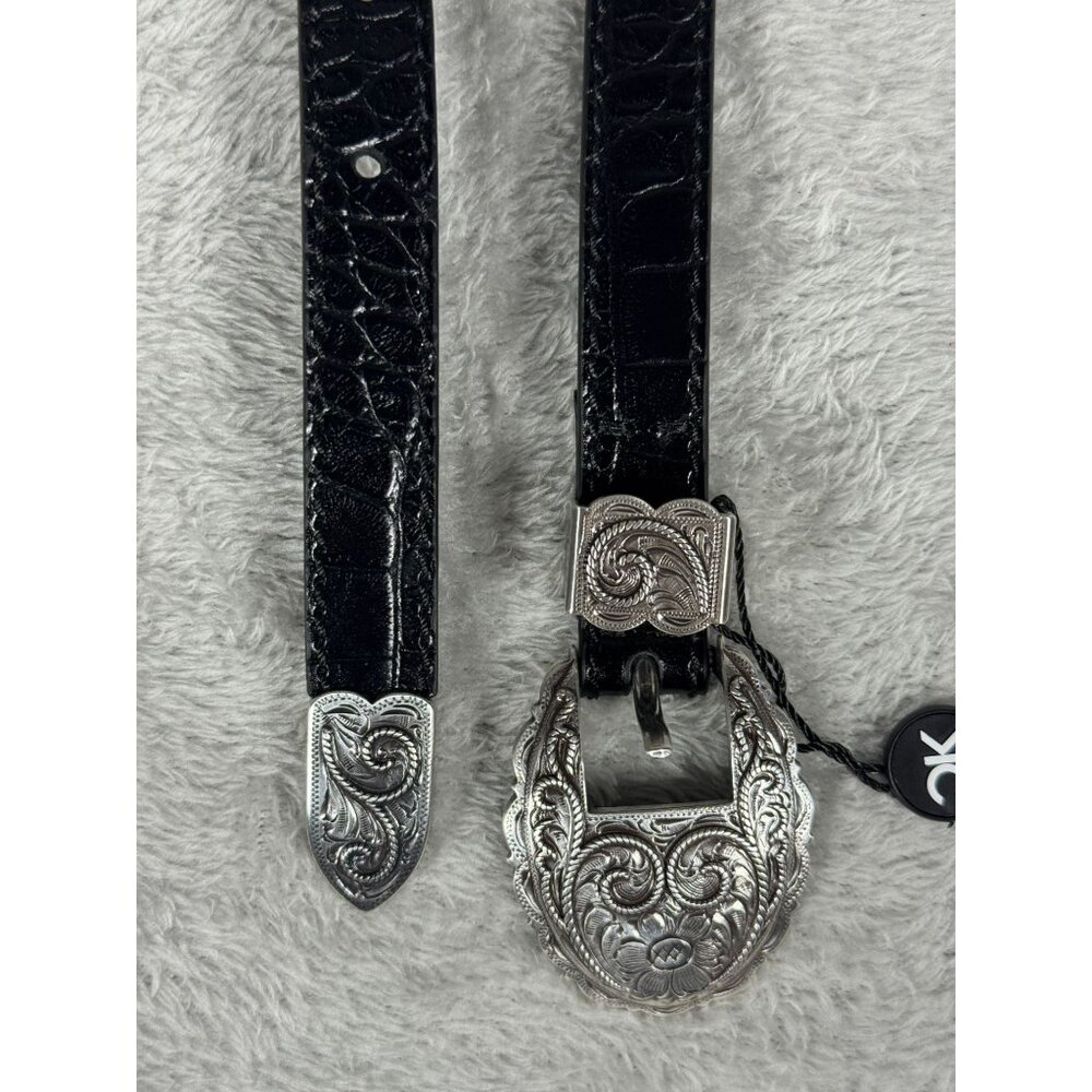 Kate Cate Black Croc-Print Calfskin Belt With Ornate Silver Buckle S NWT